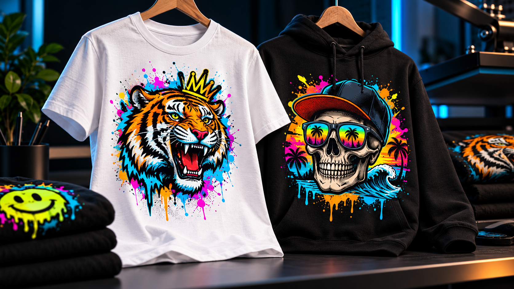 T-shirt e hoodie com desenhos DTF aplicados