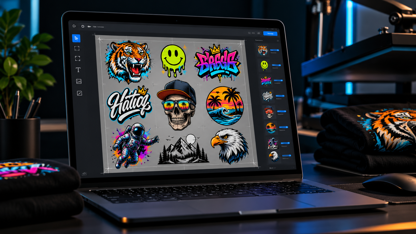 Computador com um painel de várias artes DTF em preparação